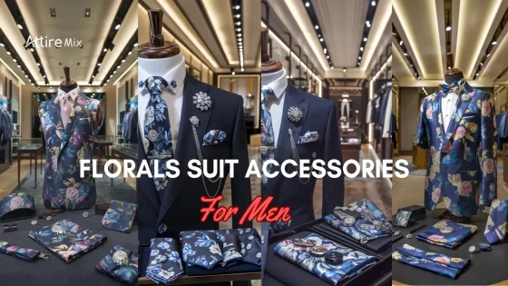 Collage of Florals Suit Accessories For men and matching accessories displayed in a luxurious store