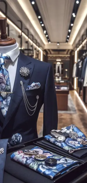 Navy suit with floral accessories including a tie and pocket square displayed in a boutique