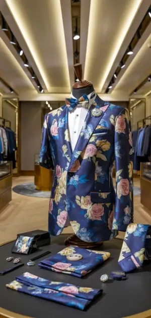 Close-up of a navy floral suit with matching tie, pocket square, and brooch accessories.
