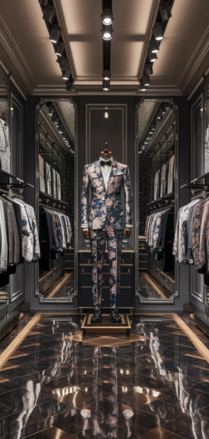 Floral suit on a mannequin in a high-end store
