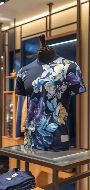 Mannequin displaying a T-shirt with large blue florals