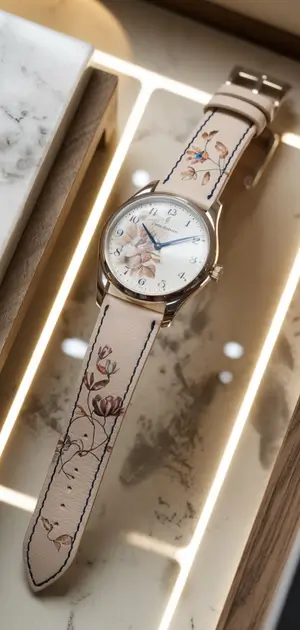Floral watch with a rose gold-tone case and vibrant flower motifs