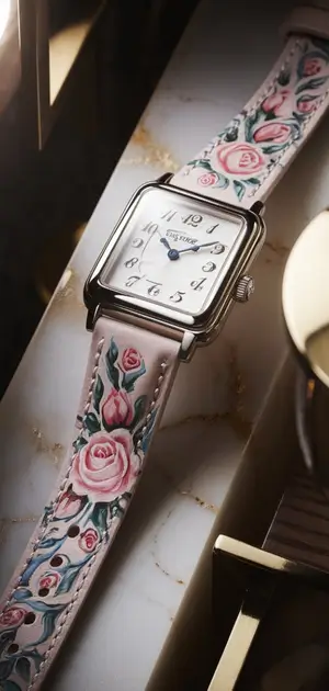 Minimalist square watch with floral detailing on the dial and strap