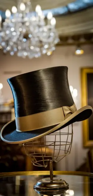 Black top hat with gold ribbon on wire stand