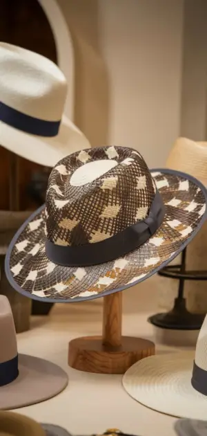 Wide-brimmed hat on a wooden stand in a hat store