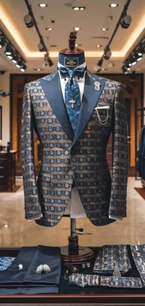 Navy geometric suit with satin lapels and patterned accessories on a display table.