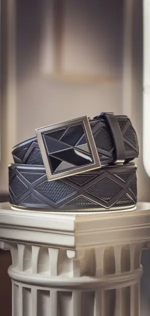 Stacked black belts with geometric buckle designs