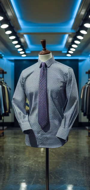 Blue checked formal shirt paired with a patterned tie