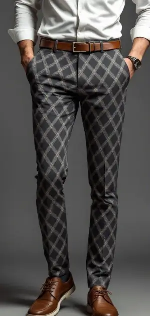 Man wearing diamond-patterned trousers with a white shirt, brown belt, and brown shoes.