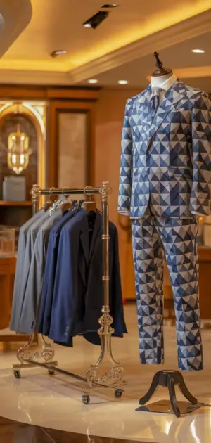 Mannequin dressed in a geometric-patterned suit with formal jackets displayed nearby.