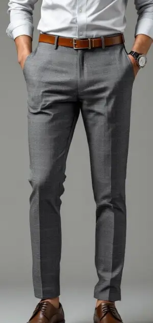 Man in grey checkered trousers with a white shirt, brown belt, and brown dress shoes.