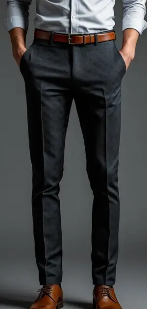 Man in dark textured trousers with a light shirt, brown belt, and brown shoes