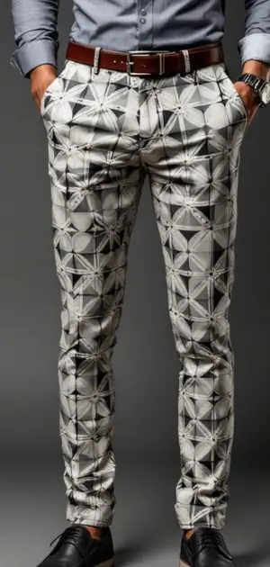 Man wearing geometric patterned trousers with a grey shirt, brown belt, and black shoes.
