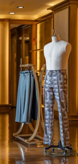 Mannequin wearing geometric-patterned pants next to plain trousers on a rack.