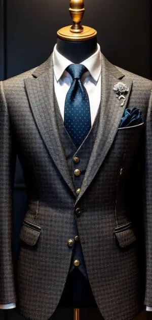 Dark checkered suit with navy tie and silver brooch