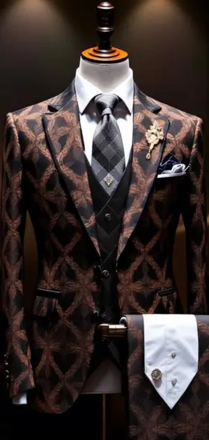 Dark geometric patterned suit with a diamond-patterned tie and gold brooch