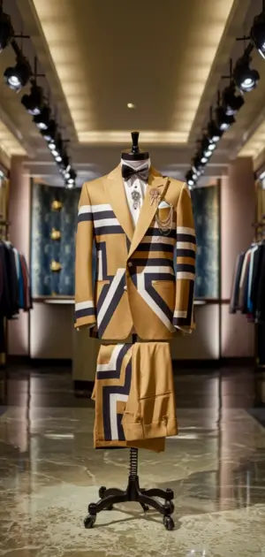 Tan suit with bold navy and white geometric patterns displayed in a luxurious boutique
