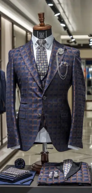 Blue geometric-patterned suit with matching tie and accessories displayed on a mannequin
