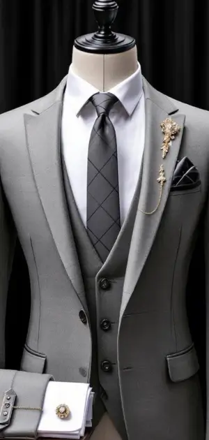 Light grey suit with diamond-patterned tie and chain brooch