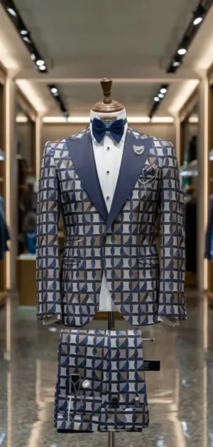 Navy and silver geometric suit with a bow tie and coordinated trousers.