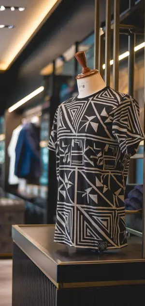 Black T-shirt with gold geometric lines on a mannequin
