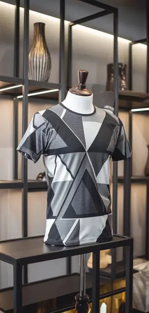 Mannequin displaying a geometric design T-shirt with color blocks