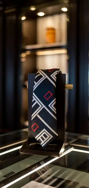 Blue tie with diagonal stripes and geometric shapes