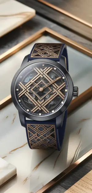 Elegant geometric design watch with intricate patterns on a leather strap