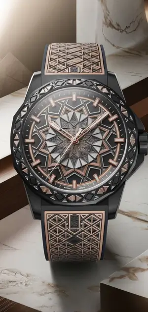 Black watch with a detailed geometric dial and engraved strap