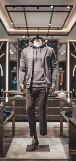 Gray hoodie with a matching jacket and pants on display.