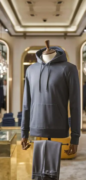 Charcoal gray hoodie paired with matching sweatpants