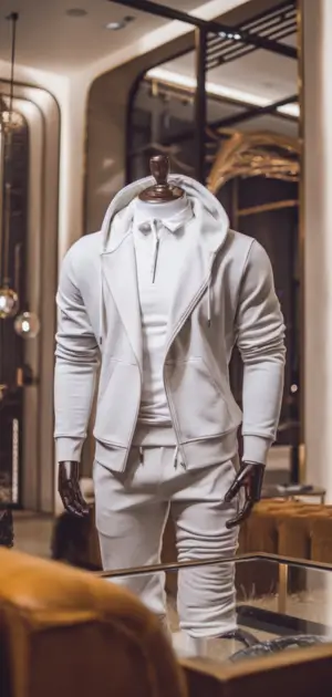 White zip-up hoodie paired with white trousers on a mannequin.