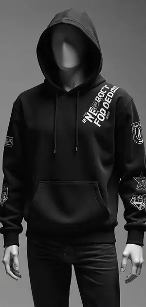 Black hoodie with white graphic text on the chest and patches on the sleeves