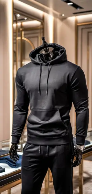 Black hoodie with a sleek design on a mannequin in a luxury store