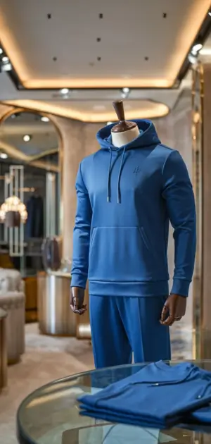 Blue pullover hoodie displayed on a mannequin.