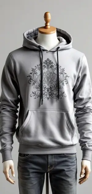 Light grey hoodie with an intricate dark grey floral pattern on the chest