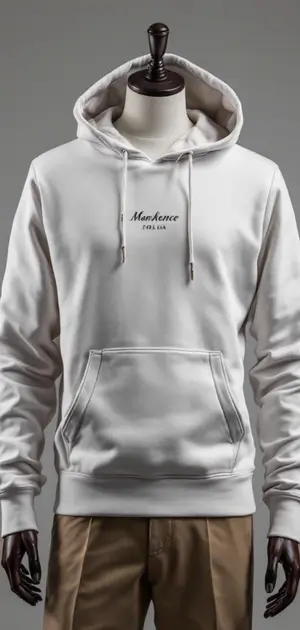 White hoodie with small text "Markence" on the chest