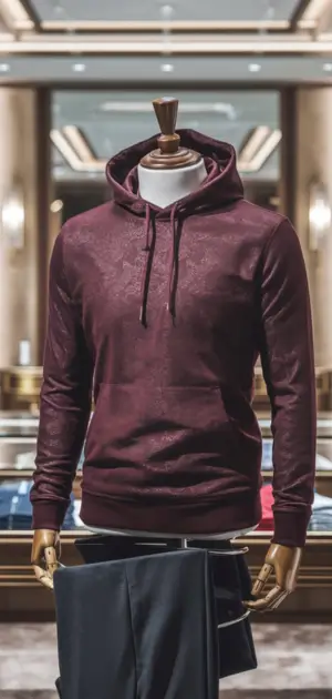 Burgundy hoodie displayed on a mannequin in a store