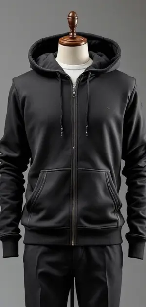 Black zip-up hoodie with front pockets and a plain design.