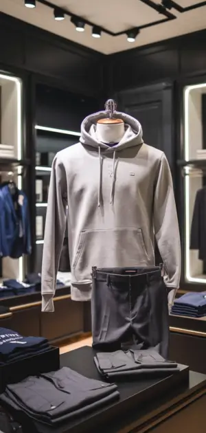 Light gray hoodie displayed on a mannequin