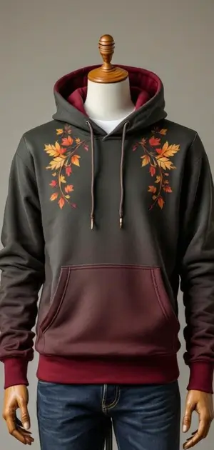 Dark hoodie with maroon accents and autumn leaf designs on the chest