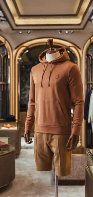 Brown fall hoodie paired with shorts on a mannequin