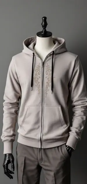 Beige zip-up hoodie with minimal floral embroidery down the center