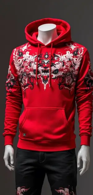 Red hoodie with intricate black and white symmetrical designs on the chest and sleeves.