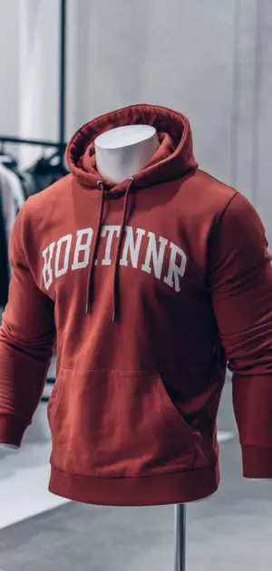 Oversized red hoodie with large text on the chest.