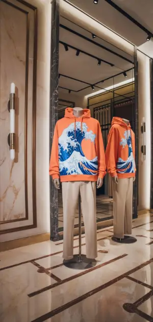 Orange hoodie with blue wave design for men in a store display