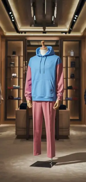 Blue and pink casual hoodie for men displayed in a store