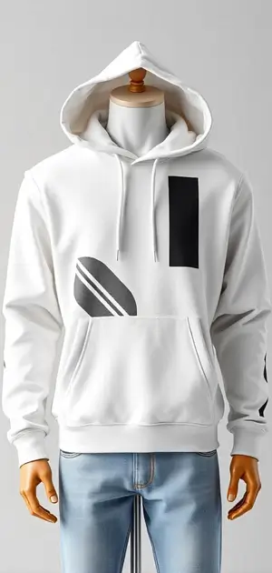 White hoodie with black geometric shapes on the chest and sleeves