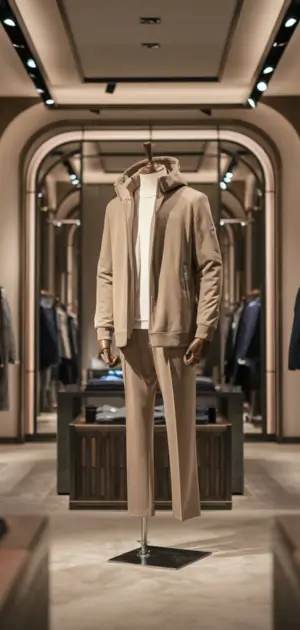 Beige hoodie and matching pants on a mannequin in a store