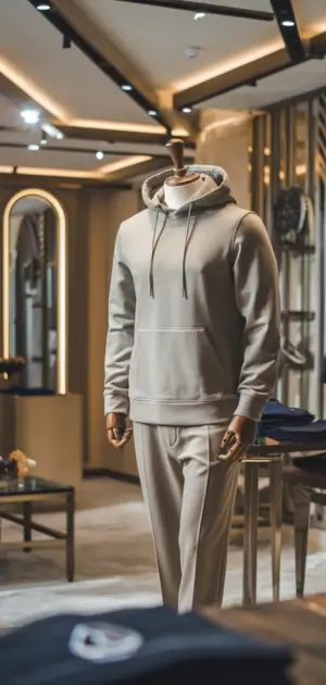 Classic gray hoodie and pants for men in a modern store display